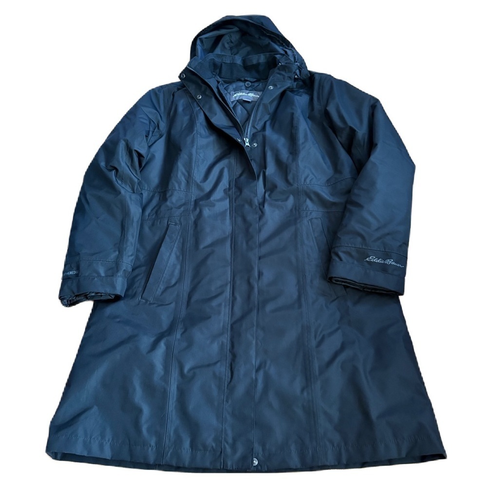 Eddie Bauer Charcoal Black Quilted Jacket Coat Trench Large Hooded
